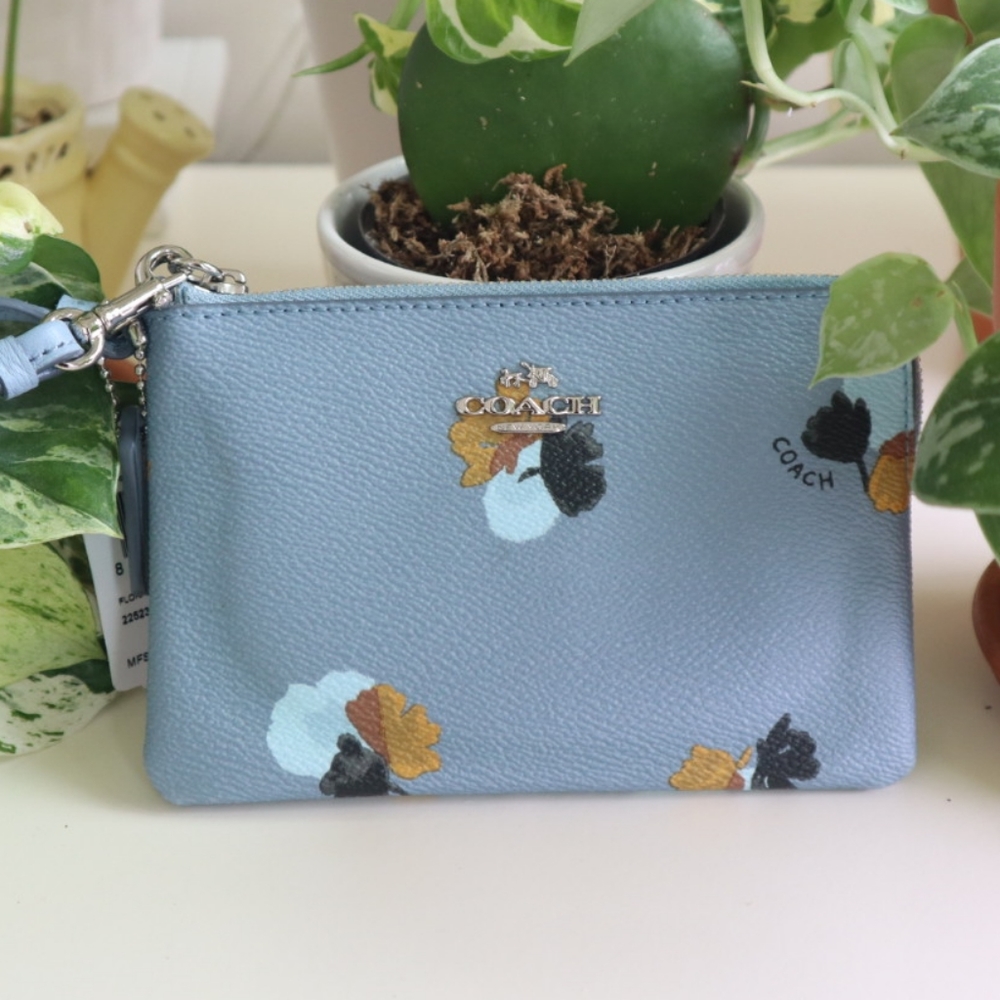 Coach light blue floral print wristlet NWT